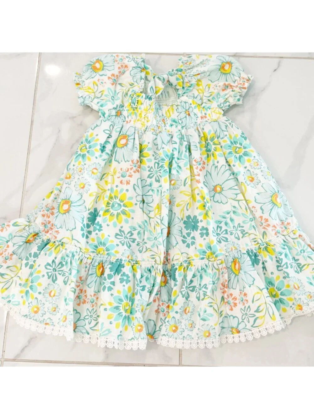 Joie Toddler 4T Linen DRESS FLORAL LACE TRIM HEM w/ PUFF SLEEVE NWOT - Picture 4 of 10